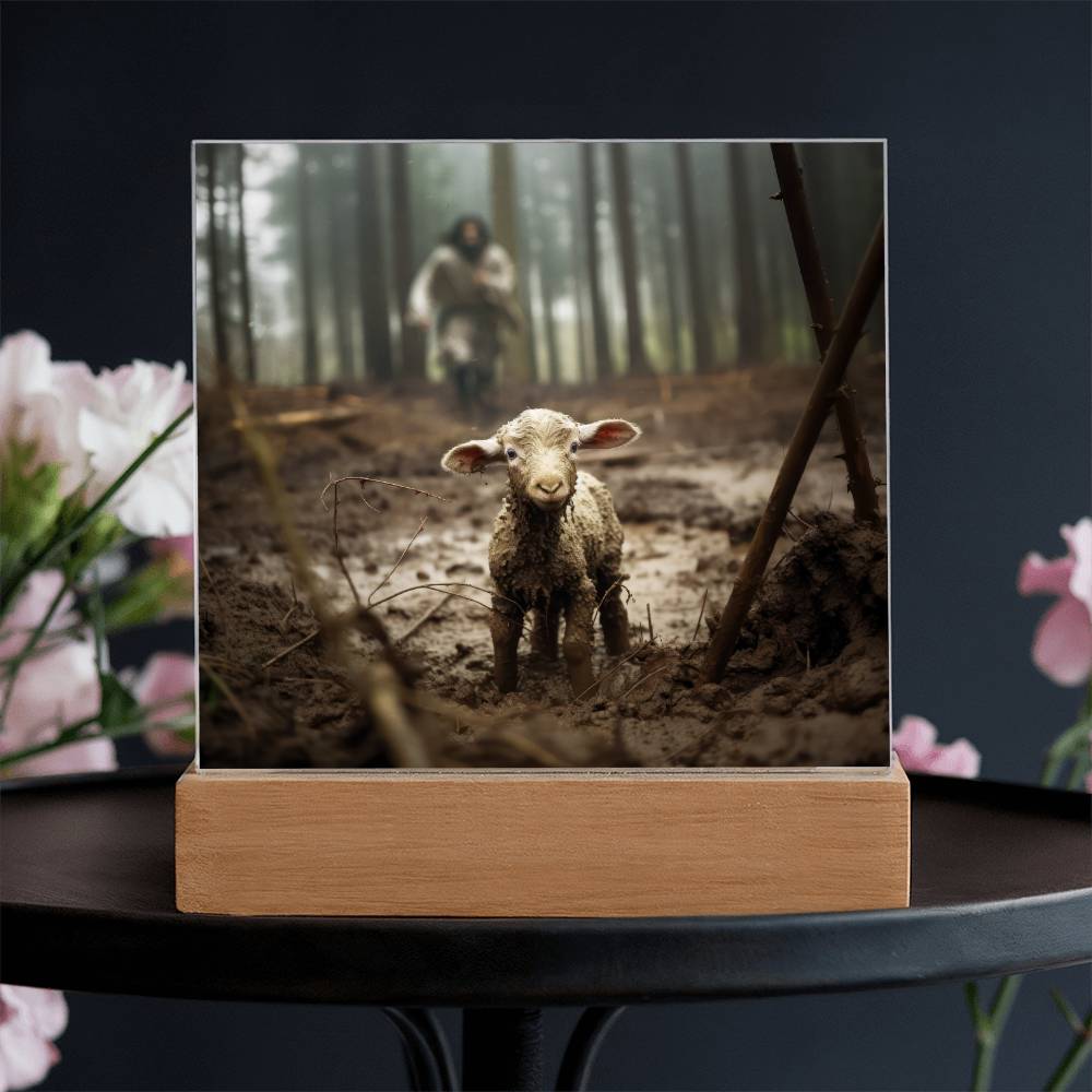 Jesus Running After a Lost Lamb Square Acrylic Plaque, Religious Decor - keepsaken