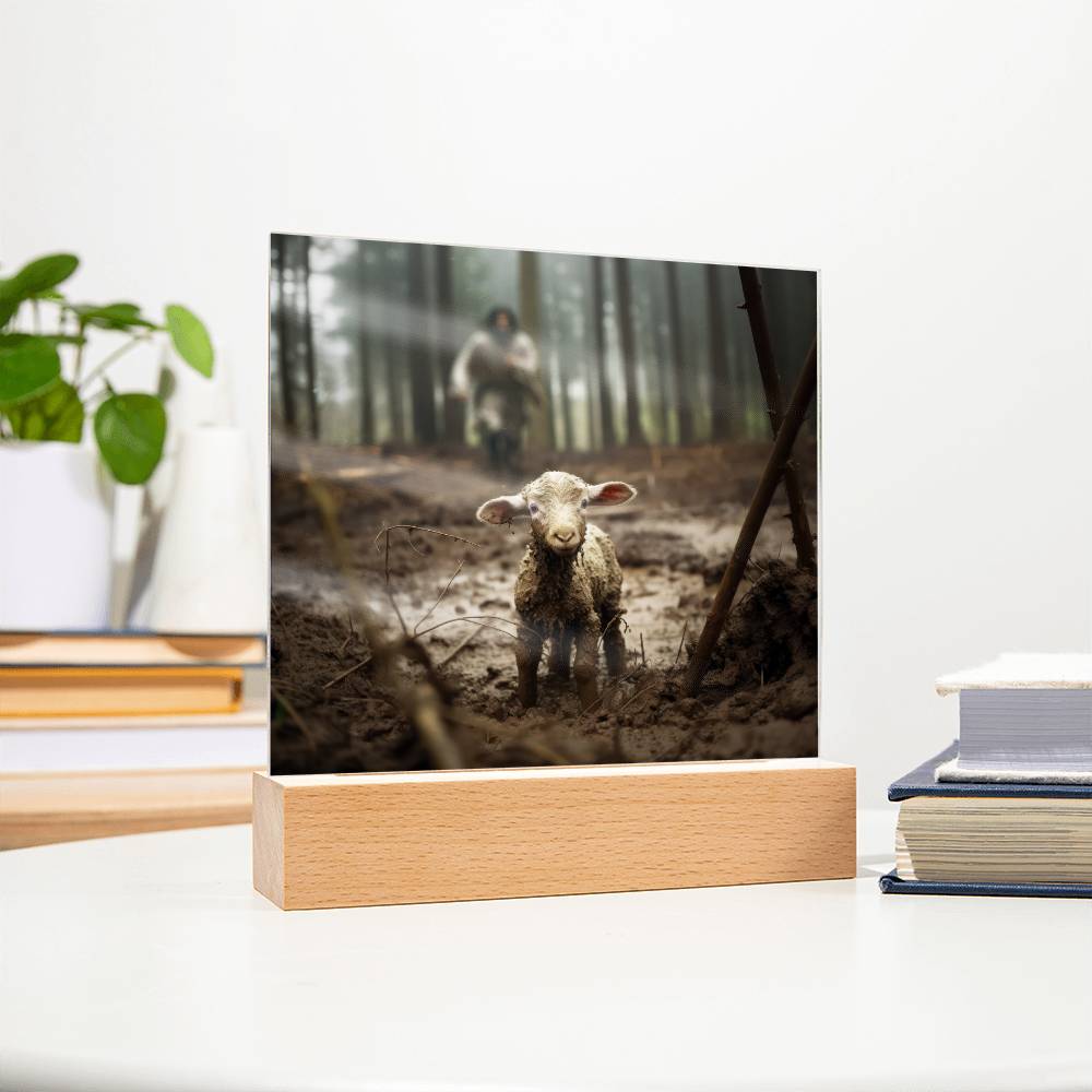 Jesus Running After a Lost Lamb Square Acrylic Plaque, Religious Decor - keepsaken