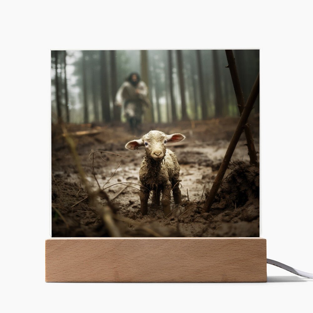 Jesus Running After a Lost Lamb Square Acrylic Plaque, Religious Decor - keepsaken
