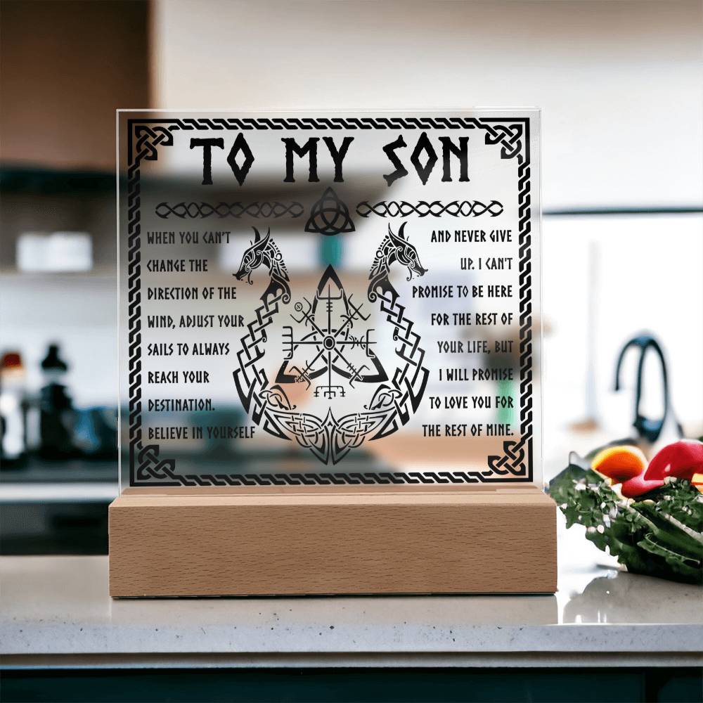 To My Son Believe In Yourself And Never Give up Viking Square Acrylic Plaque, Gift For Son - keepsaken