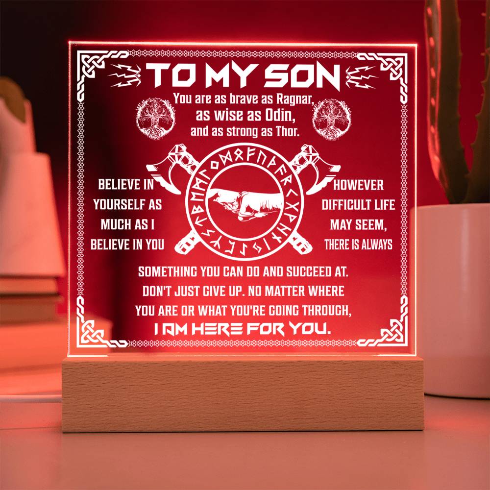 To My Son Viking Never Give Up Square Acrylic Plaque - keepsaken