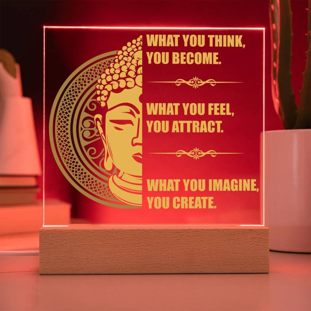 Acrylic Affirmation Sign, Square Acrylic Plaque With Optional LED Wooden Base, Mantra Sign, What You Think You Become, Inspirational Sign - keepsaken