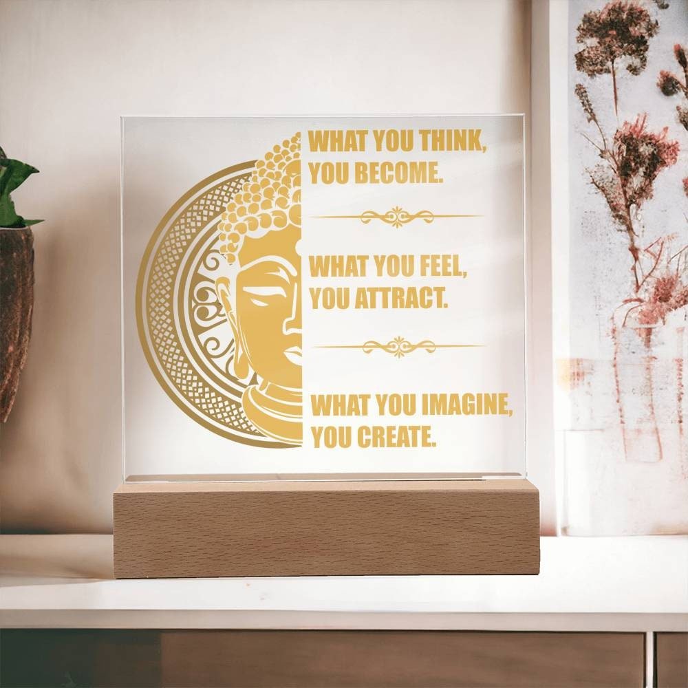Acrylic Affirmation Sign, Square Acrylic Plaque With Optional LED Wooden Base, Mantra Sign, What You Think You Become, Inspirational Sign - keepsaken