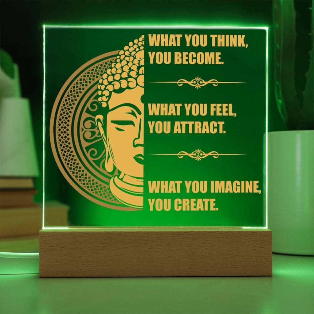 Acrylic Affirmation Sign, Square Acrylic Plaque With Optional LED Wooden Base, Mantra Sign, What You Think You Become, Inspirational Sign - keepsaken
