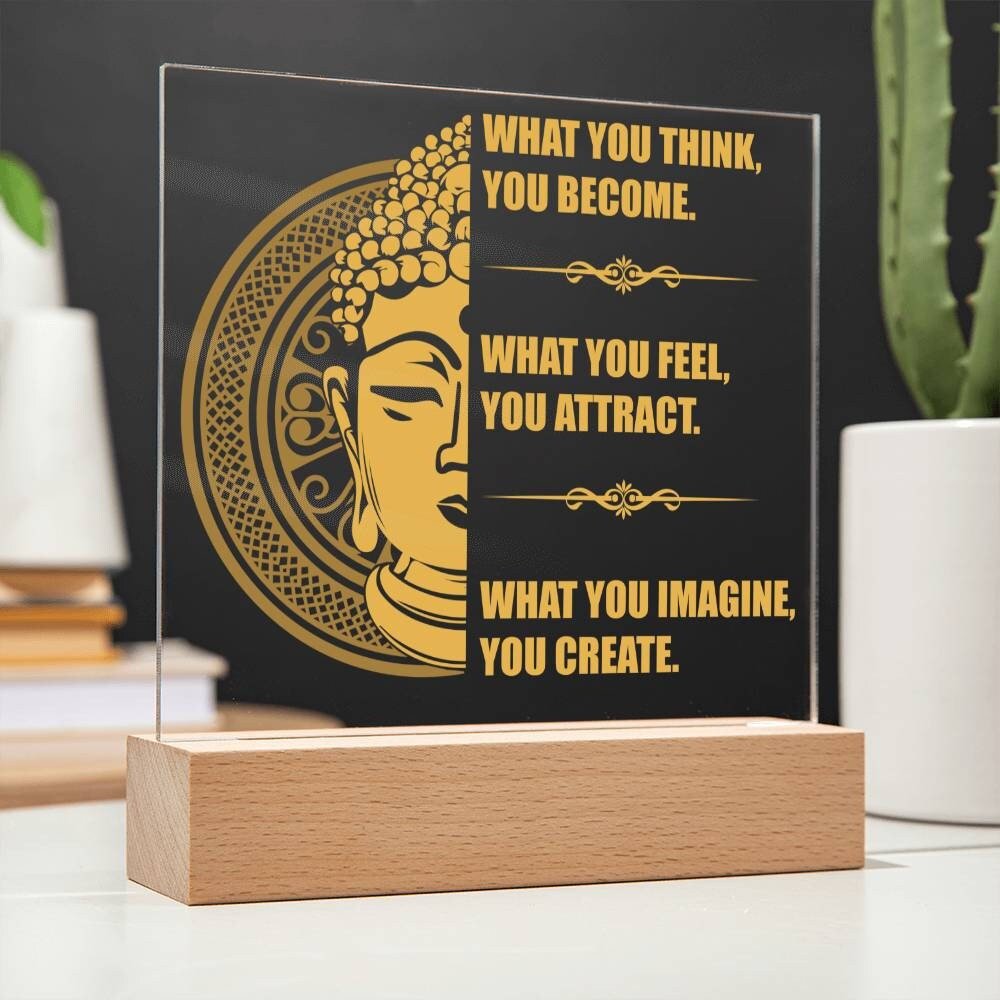 Acrylic Affirmation Sign, Square Acrylic Plaque With Optional LED Wooden Base, Mantra Sign, What You Think You Become, Inspirational Sign - keepsaken