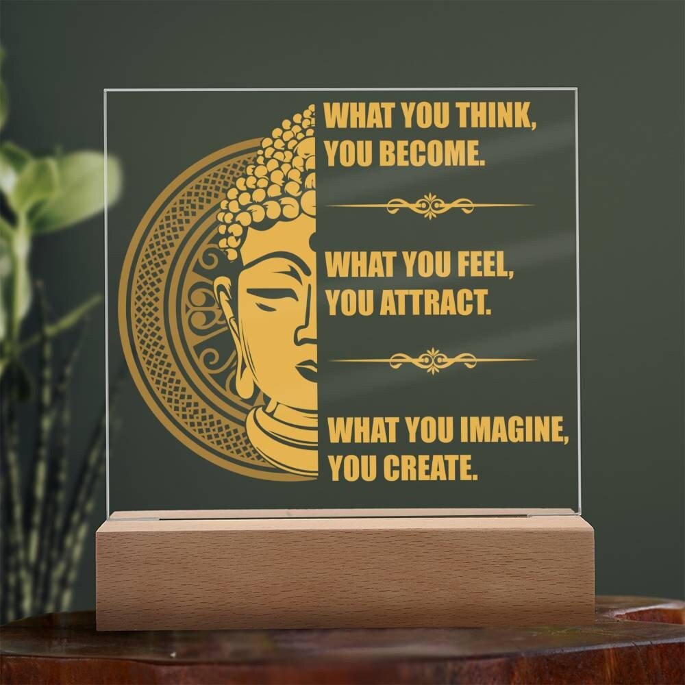 Acrylic Affirmation Sign, Square Acrylic Plaque With Optional LED Wooden Base, Mantra Sign, What You Think You Become, Inspirational Sign - keepsaken