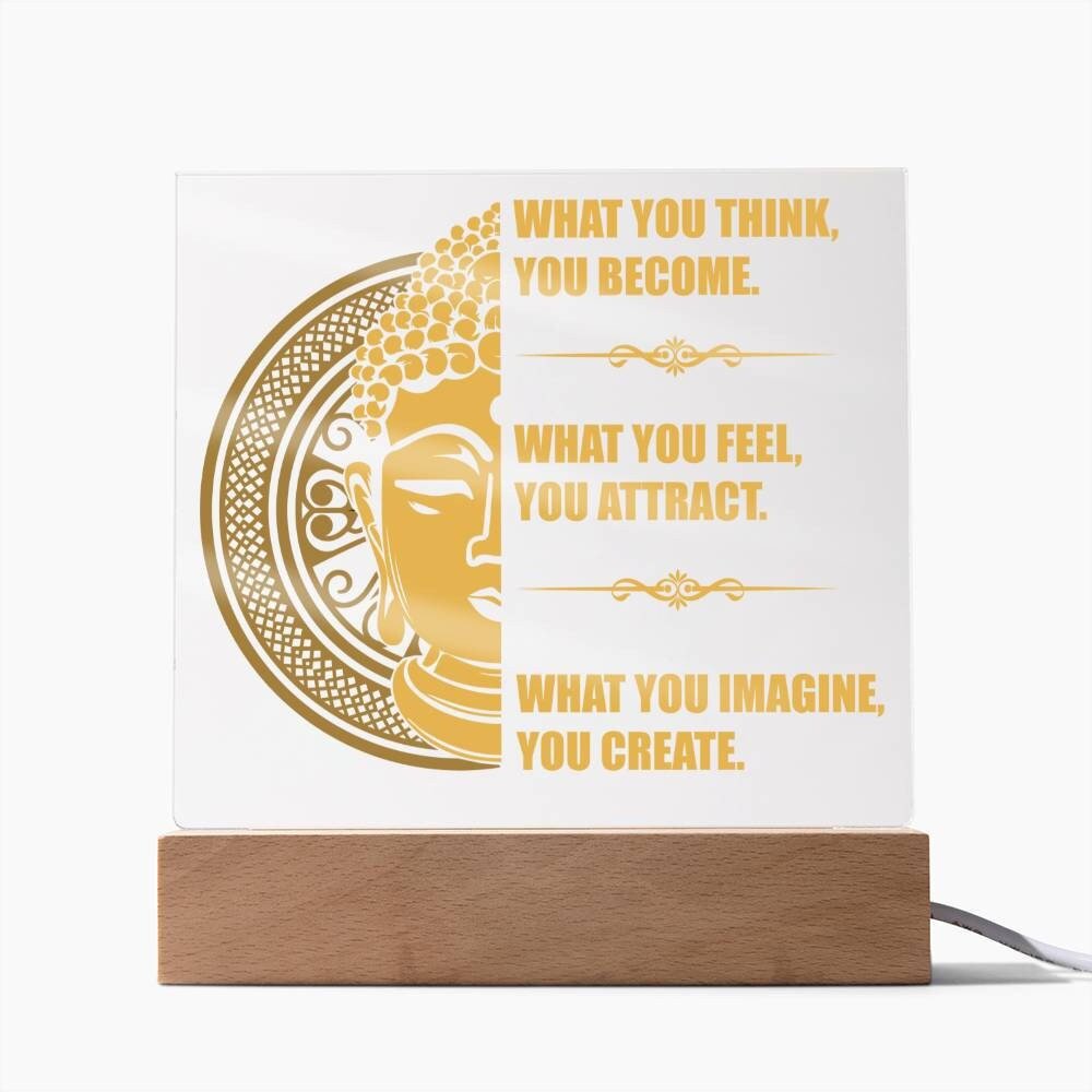 Acrylic Affirmation Sign, Square Acrylic Plaque With Optional LED Wooden Base, Mantra Sign, What You Think You Become, Inspirational Sign - keepsaken