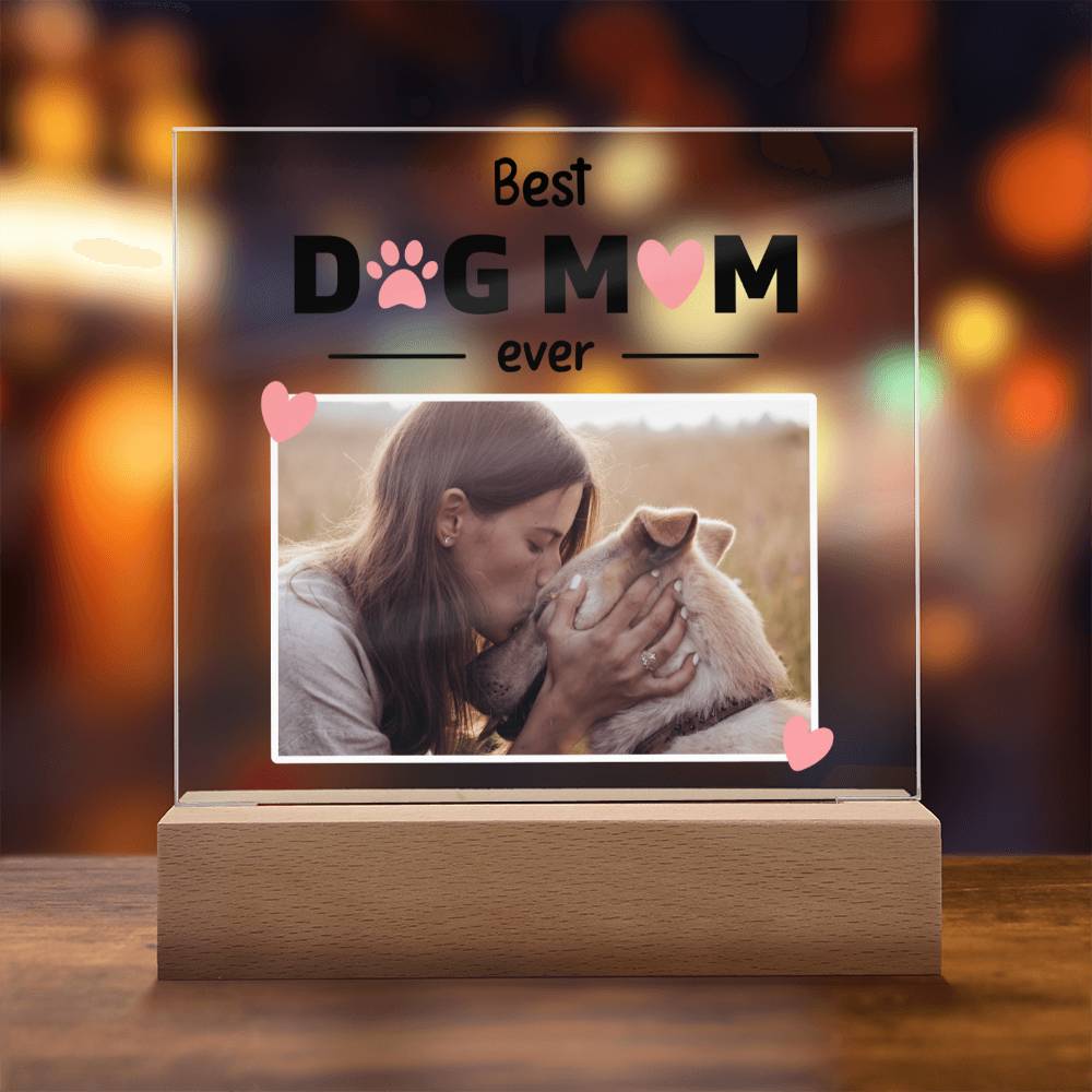 Best Dog Mom Ever Custom Square Acrylic Plaque With Optional LED Wooden Base, Mom Dog Personalized - keepsaken