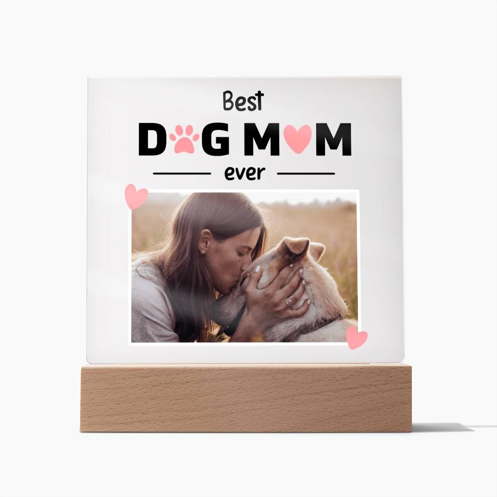 Best Dog Mom Ever Custom Square Acrylic Plaque With Optional LED Wooden Base, Mom Dog Personalized - keepsaken