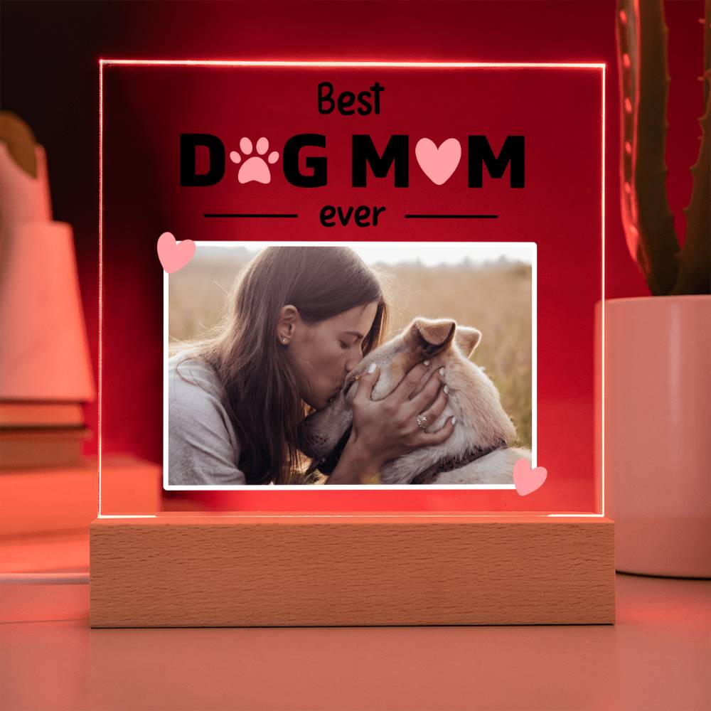 Best Dog Mom Ever Custom Square Acrylic Plaque With Optional LED Wooden Base, Mom Dog Personalized - keepsaken