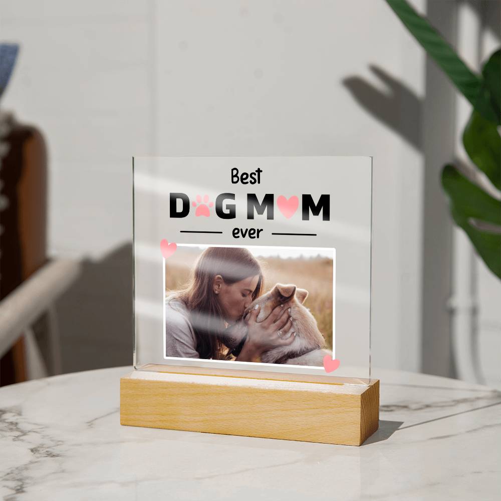 Best Dog Mom Ever Custom Square Acrylic Plaque With Optional LED Wooden Base, Mom Dog Personalized - keepsaken