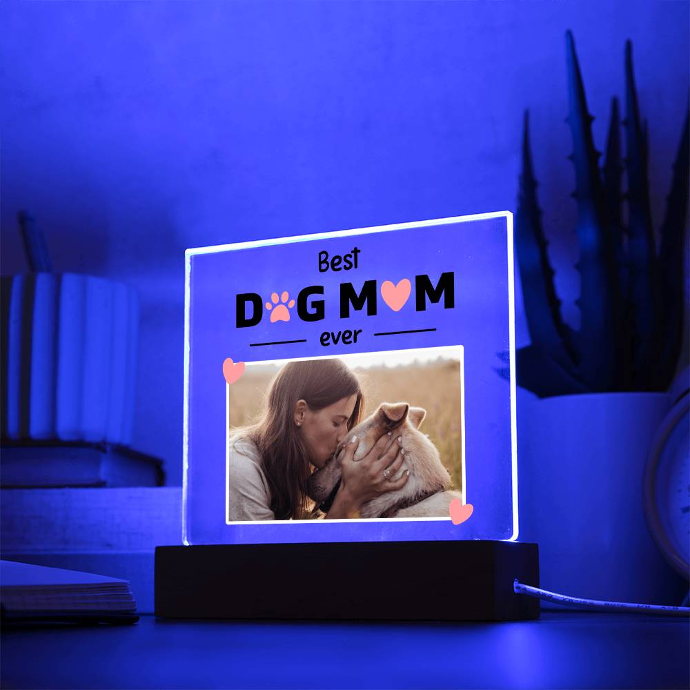 Best Dog Mom Ever Custom Square Acrylic Plaque With Optional LED Wooden Base, Mom Dog Personalized - keepsaken