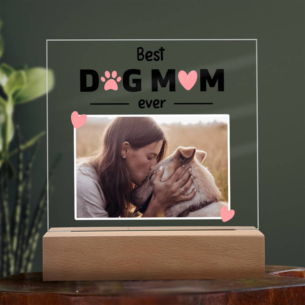 Best Dog Mom Ever Custom Square Acrylic Plaque With Optional LED Wooden Base, Mom Dog Personalized - keepsaken