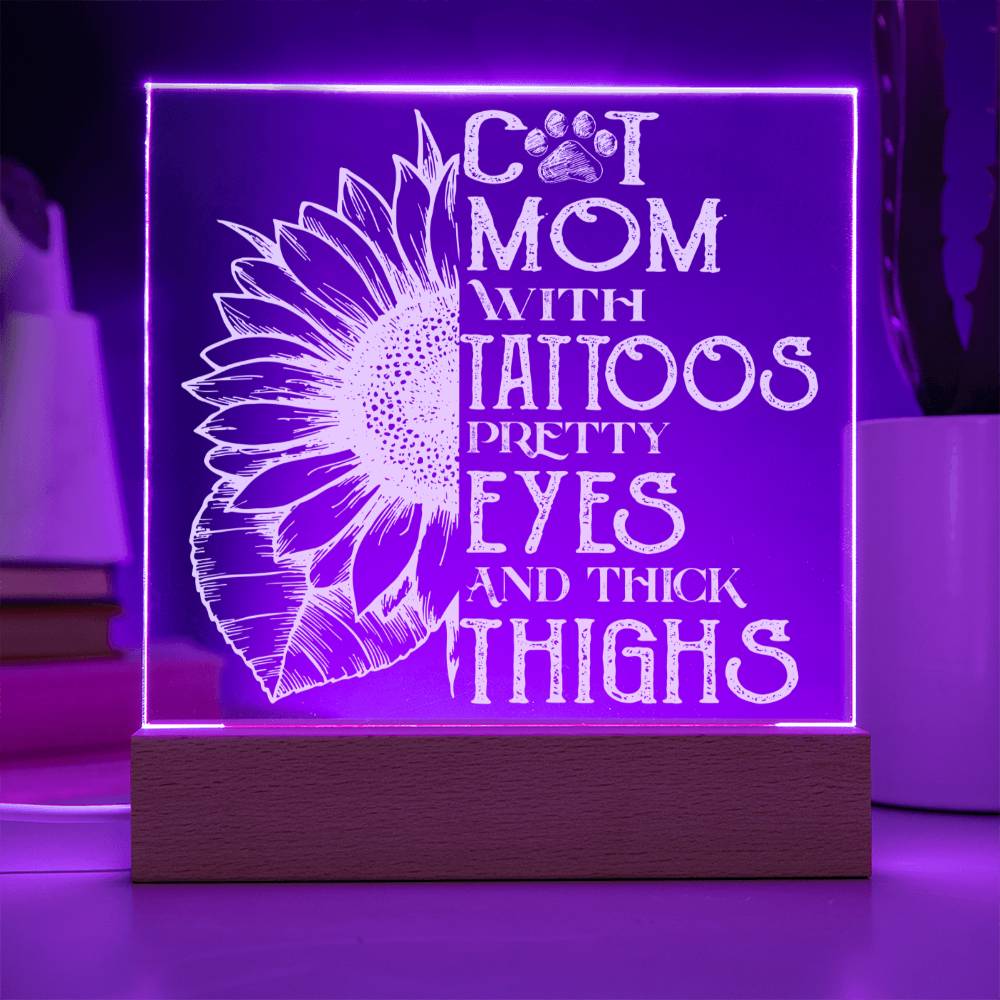 Cat Mom With Tattoos Pretty Eyes And Thick Thighs Square Acrylic Plaque, Cat Lovers Gift - keepsaken