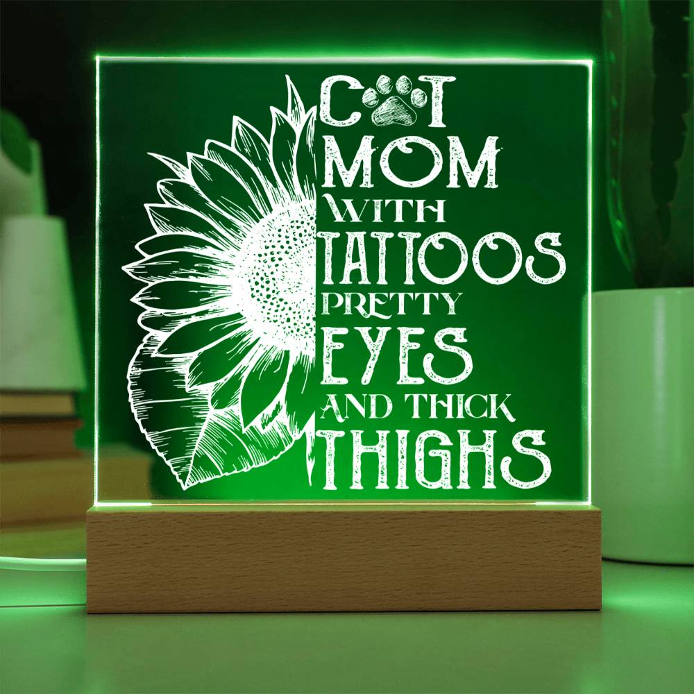 Cat Mom With Tattoos Pretty Eyes And Thick Thighs Square Acrylic Plaque, Cat Lovers Gift - keepsaken