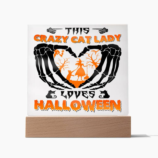 Crazy Cat Lady Loves Halloween Square Acrylic Plaque, Halloween Decor - keepsaken