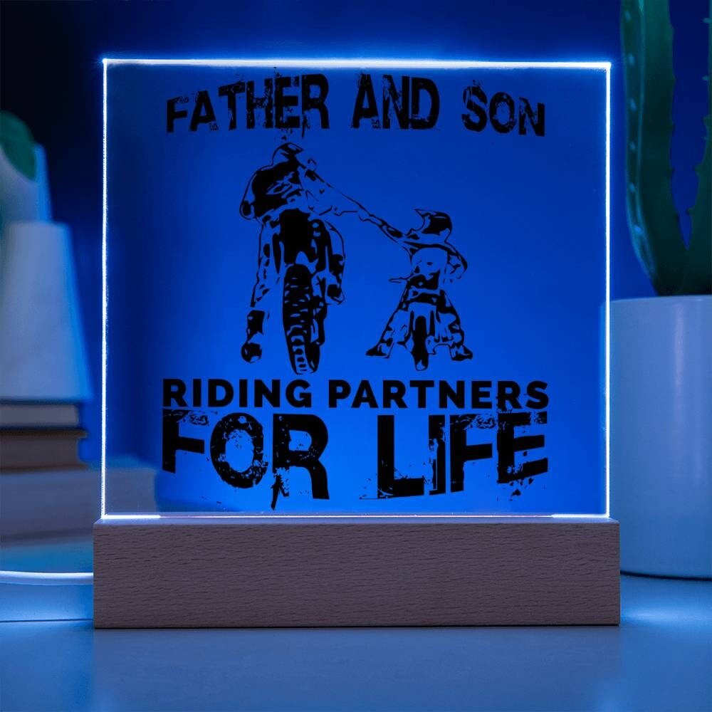 Father And Son Riding Partners For Life Square Acrylic Plaque With Optional LED Wooden Base, dirt Bike Riding Partners - keepsaken