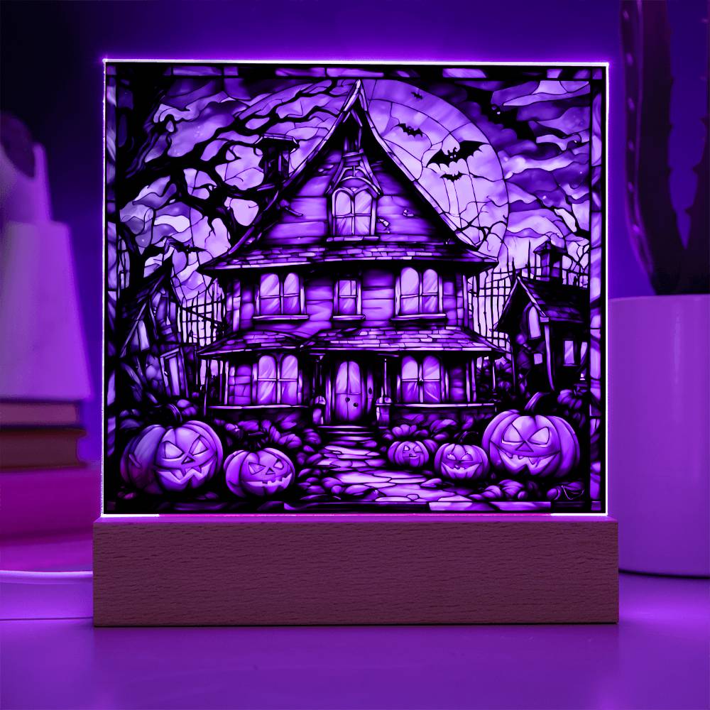 Halloween House Pumpkins And Bats | Square Acrylic Halloween Themed Plaque - keepsaken