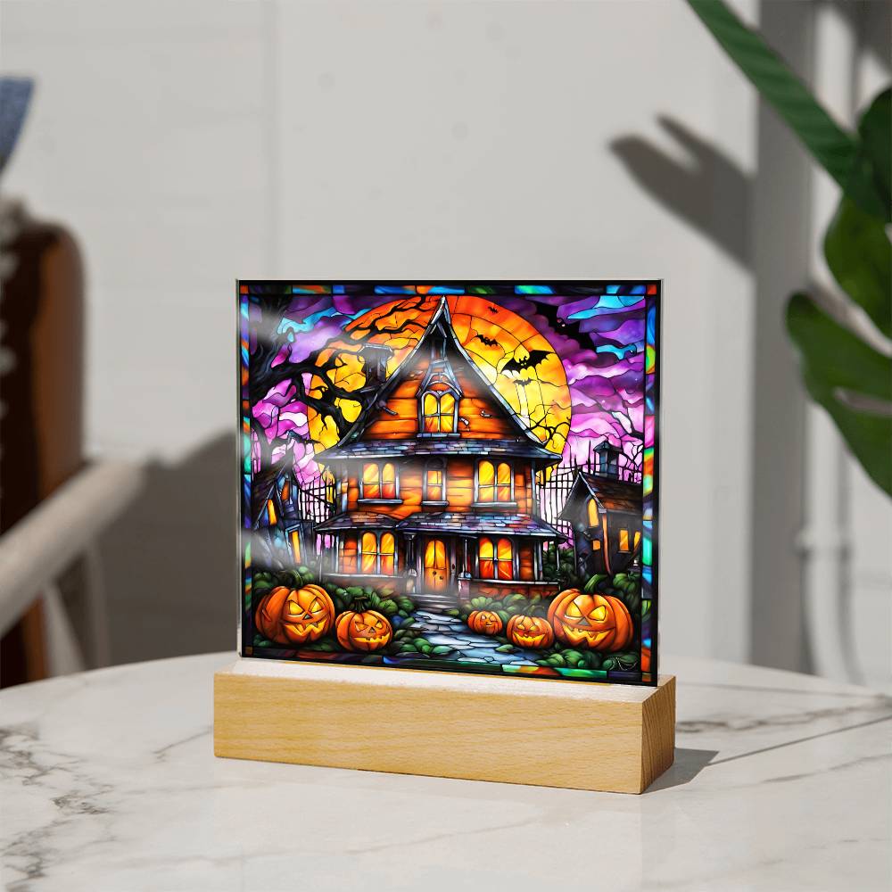 Halloween House Pumpkins And Bats | Square Acrylic Halloween Themed Plaque - keepsaken