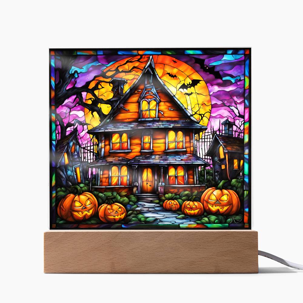 Halloween House Pumpkins And Bats | Square Acrylic Halloween Themed Plaque - keepsaken