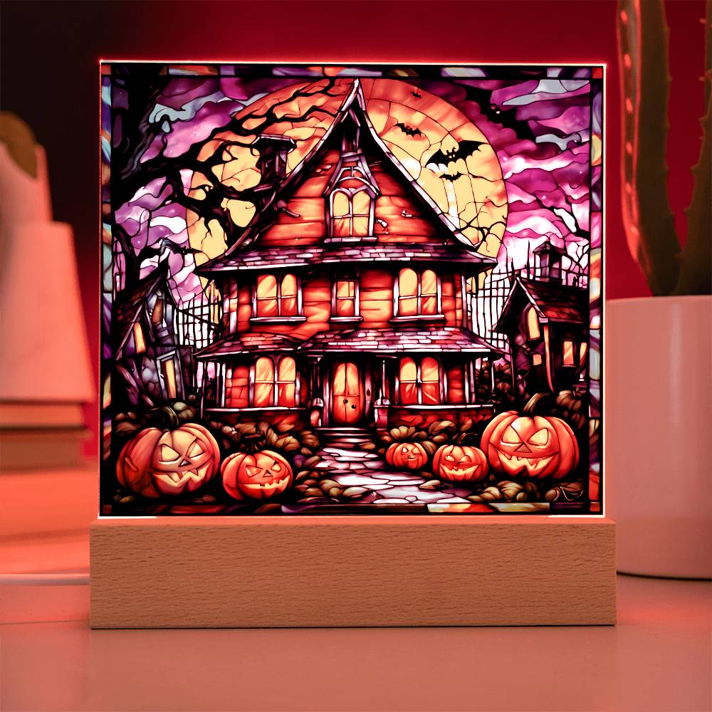 Halloween House Pumpkins And Bats | Square Acrylic Halloween Themed Plaque - keepsaken