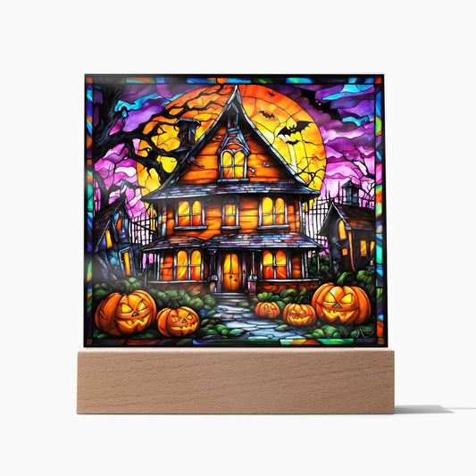 Halloween House Pumpkins And Bats | Square Acrylic Halloween Themed Plaque - keepsaken
