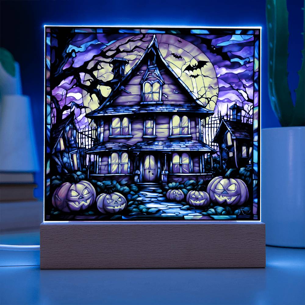 Halloween House Pumpkins And Bats | Square Acrylic Halloween Themed Plaque - keepsaken