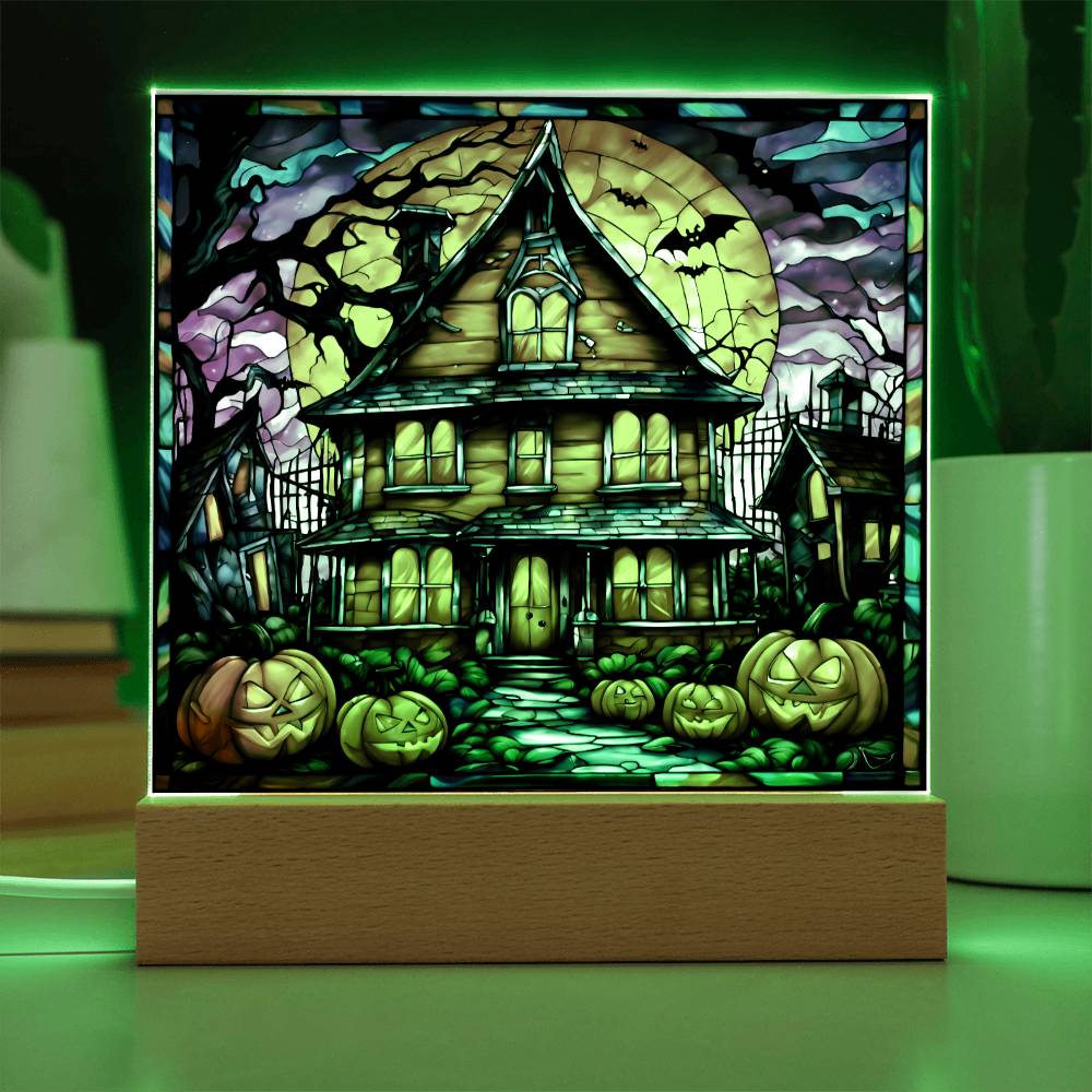 Halloween House Pumpkins And Bats | Square Acrylic Halloween Themed Plaque - keepsaken