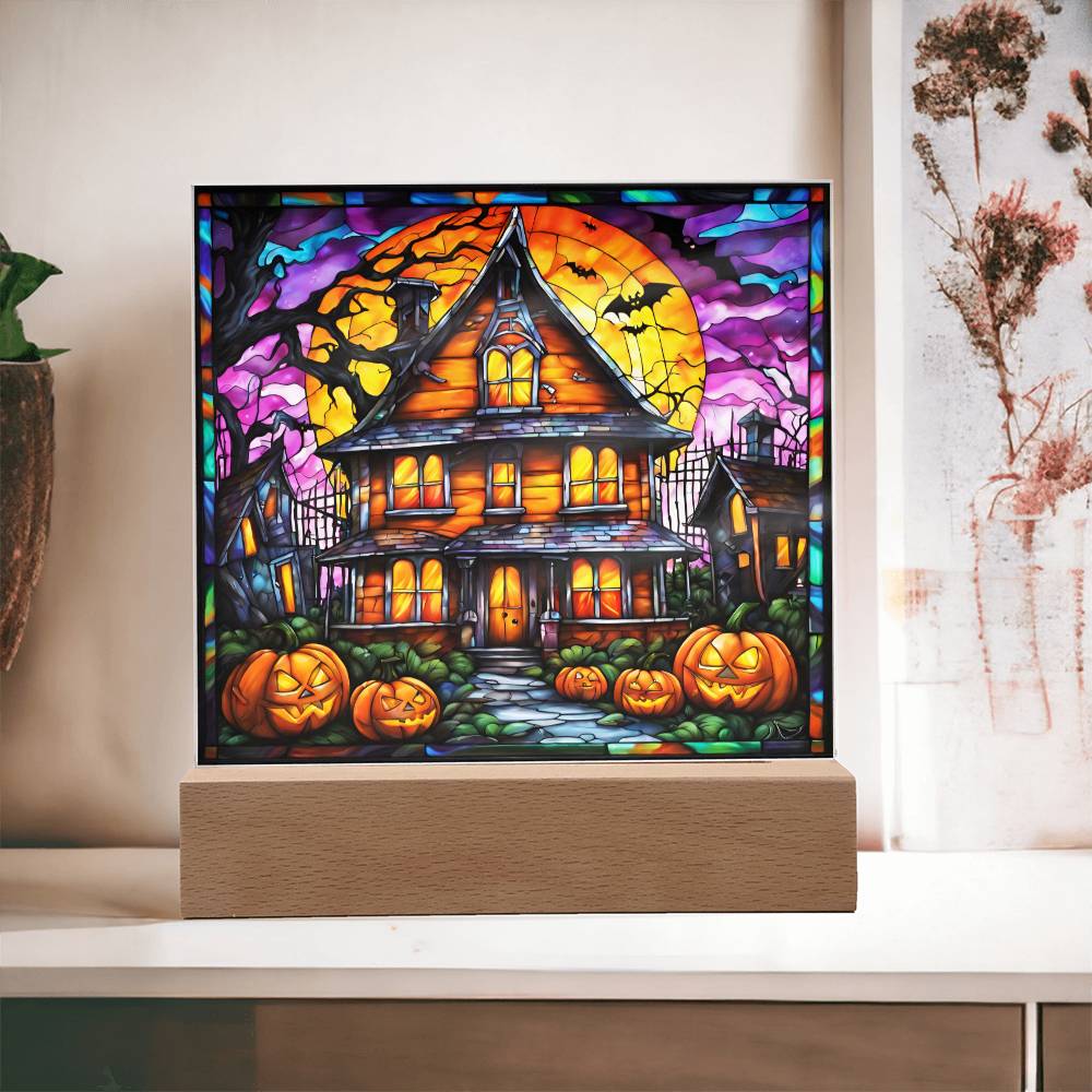 Halloween House Pumpkins And Bats | Square Acrylic Halloween Themed Plaque - keepsaken