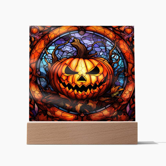 Halloween Pumpkin Stained Glass Style Square Acrylic Plaque, Halloween Decor - keepsaken