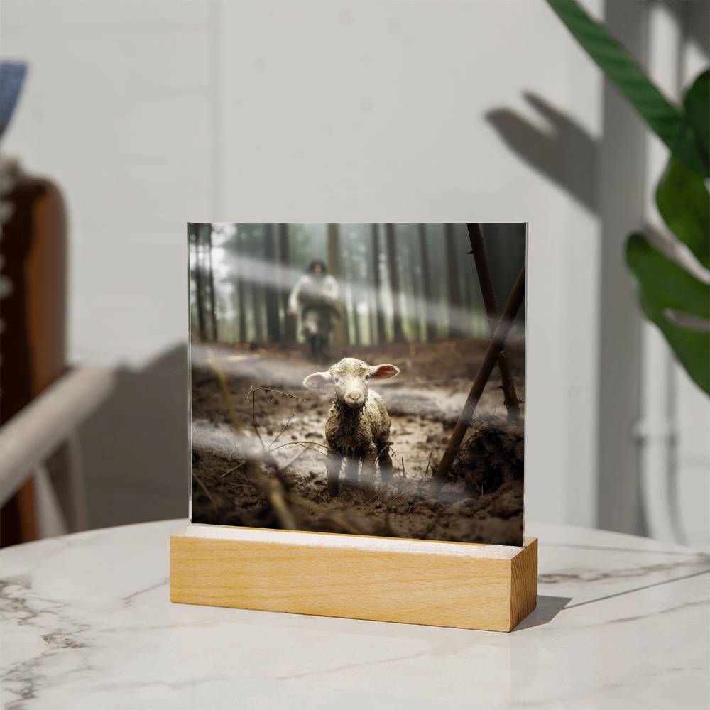 Jesus Running After a Lost Lamb Square Acrylic Plaque - keepsaken