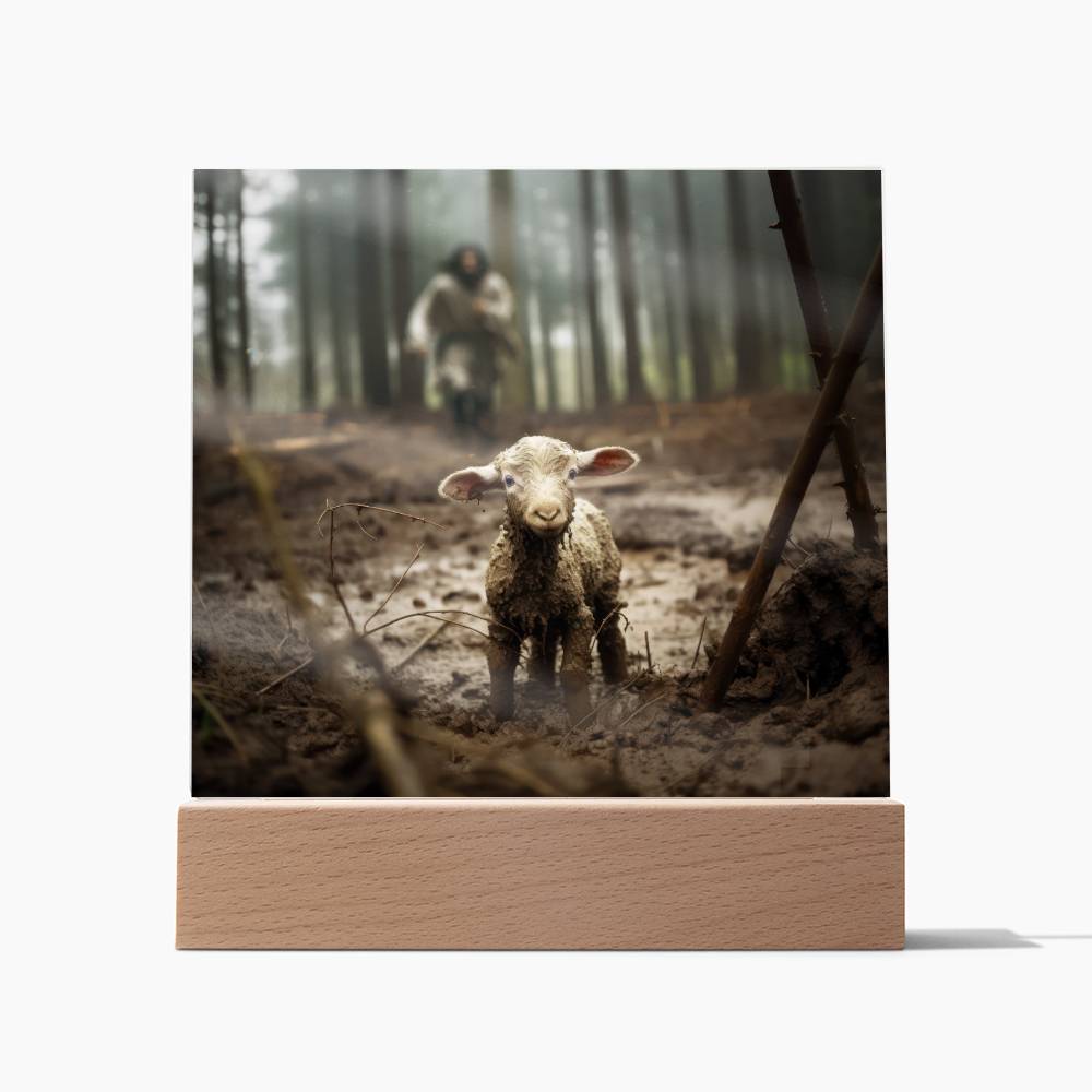 Jesus Running After a Lost Lamb Square Acrylic Plaque - keepsaken