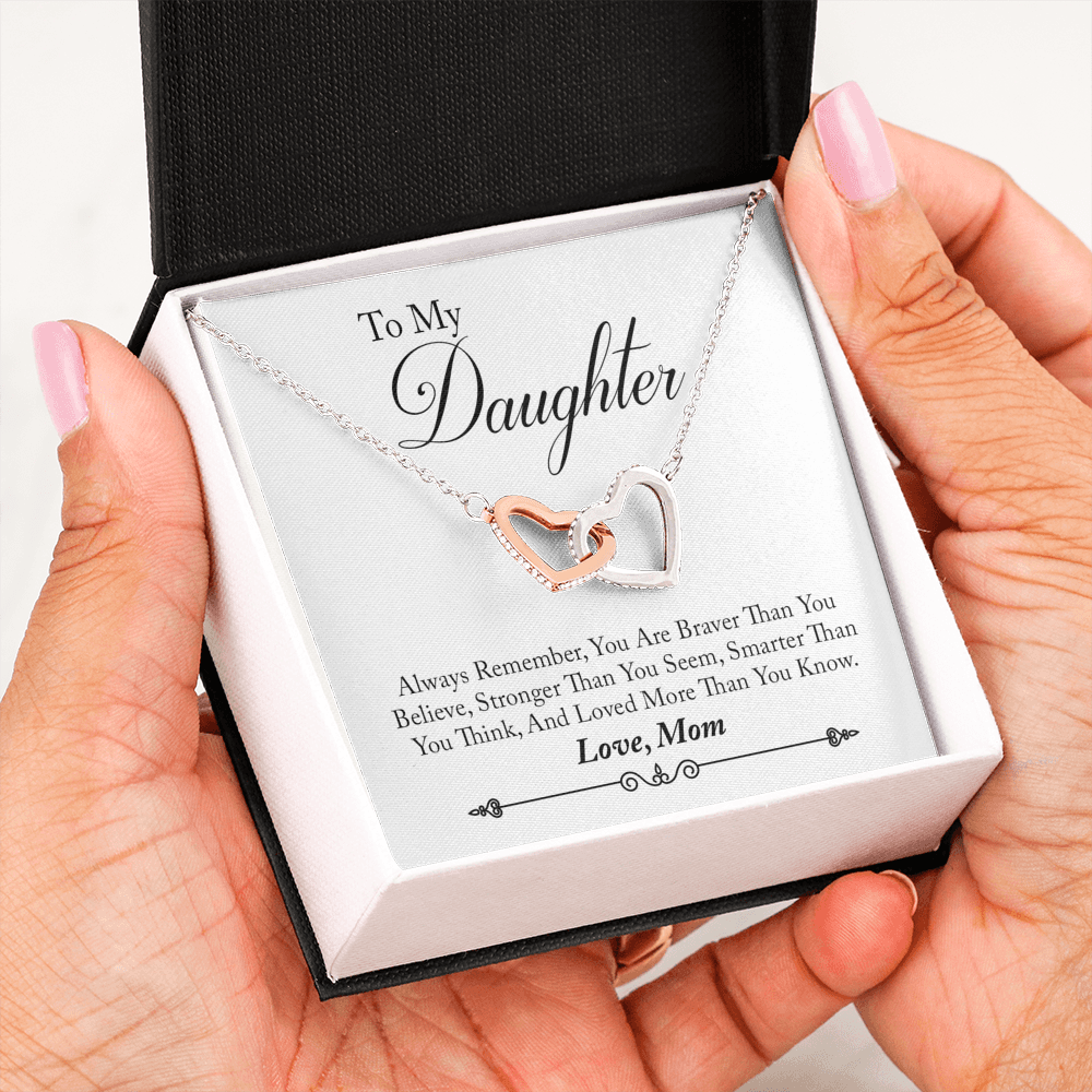 To My Daughter Love Mom Interlocking Heart Necklace, Daughter Gift, Heart Necklace, Braver Than You Think - keepsaken