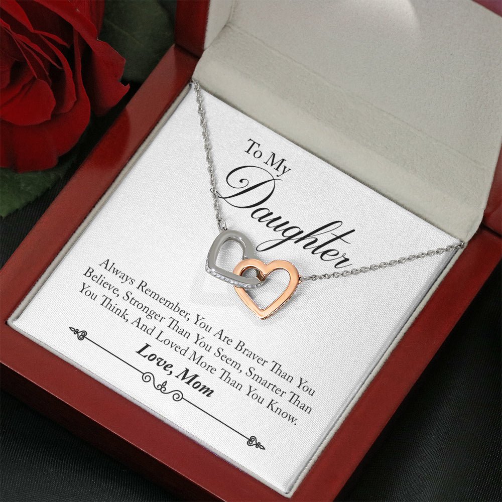 To My Daughter Love Mom Interlocking Heart Necklace, Daughter Gift, Heart Necklace, Braver Than You Think - keepsaken