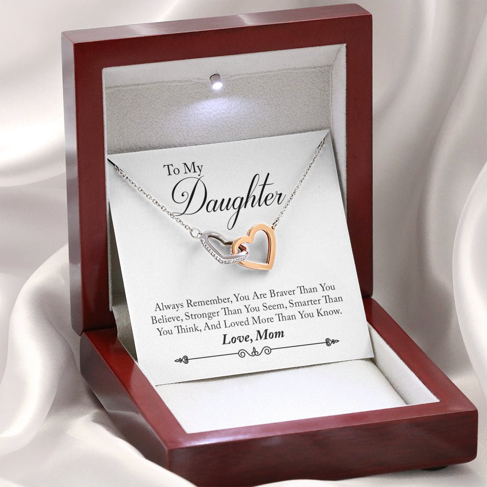 To My Daughter Love Mom Interlocking Heart Necklace, Daughter Gift, Heart Necklace, Braver Than You Think - keepsaken
