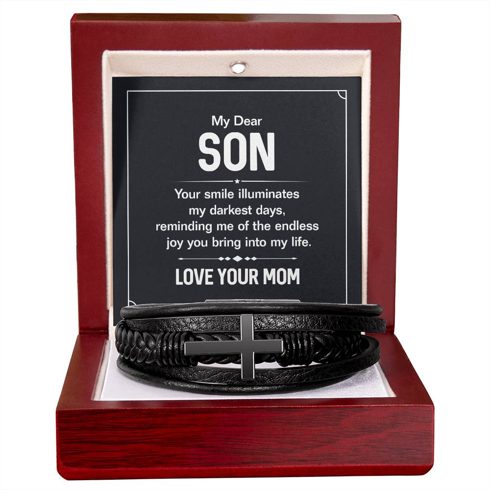 To My Son Endless Joy Love Mom Cross Leather Bracelet, Son gift From Mom - keepsaken