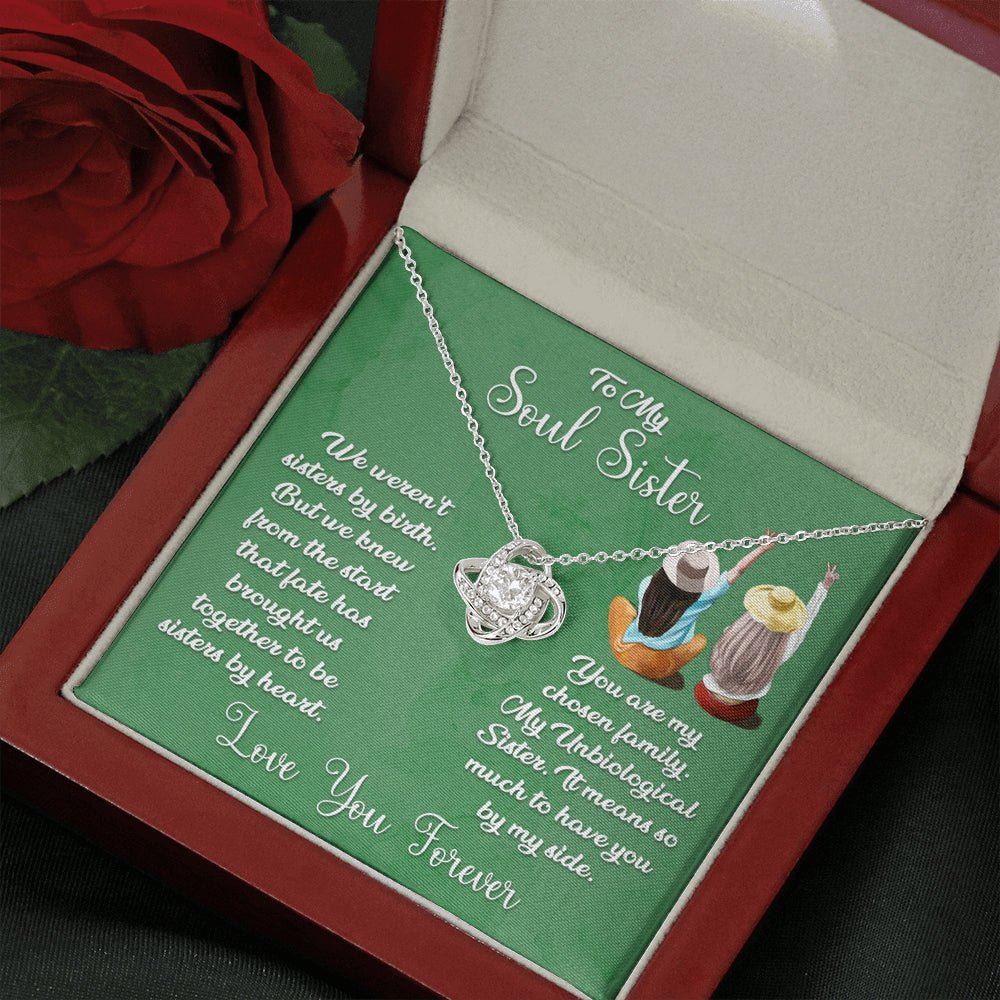 To My Soul Sister Love Knot Necklace, Sage Card, Best Friend Necklace, Blonde & Brunette - keepsaken