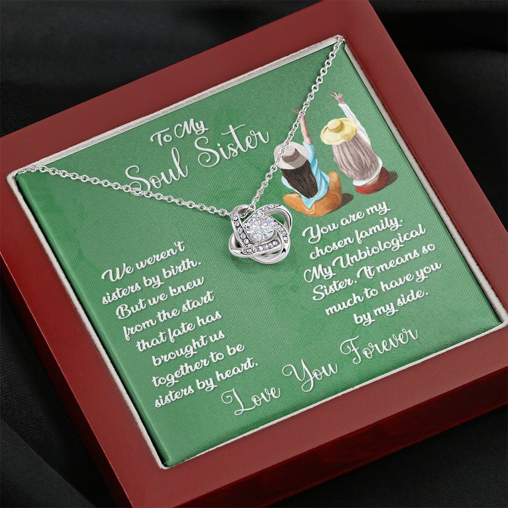To My Soul Sister Love Knot Necklace, Sage Card, Best Friend Necklace, Blonde & Brunette - keepsaken