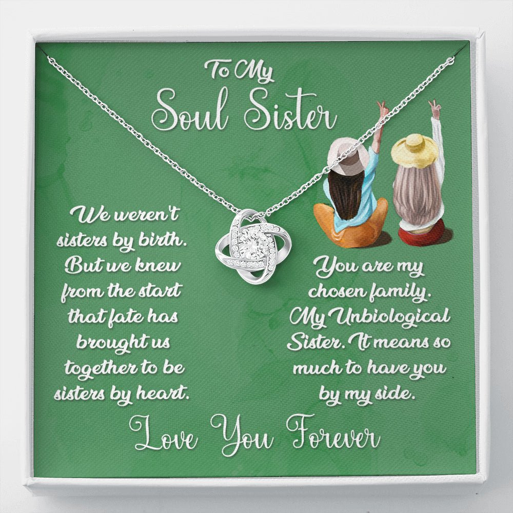 To My Soul Sister Love Knot Necklace, Sage Card, Best Friend Necklace, Blonde & Brunette - keepsaken