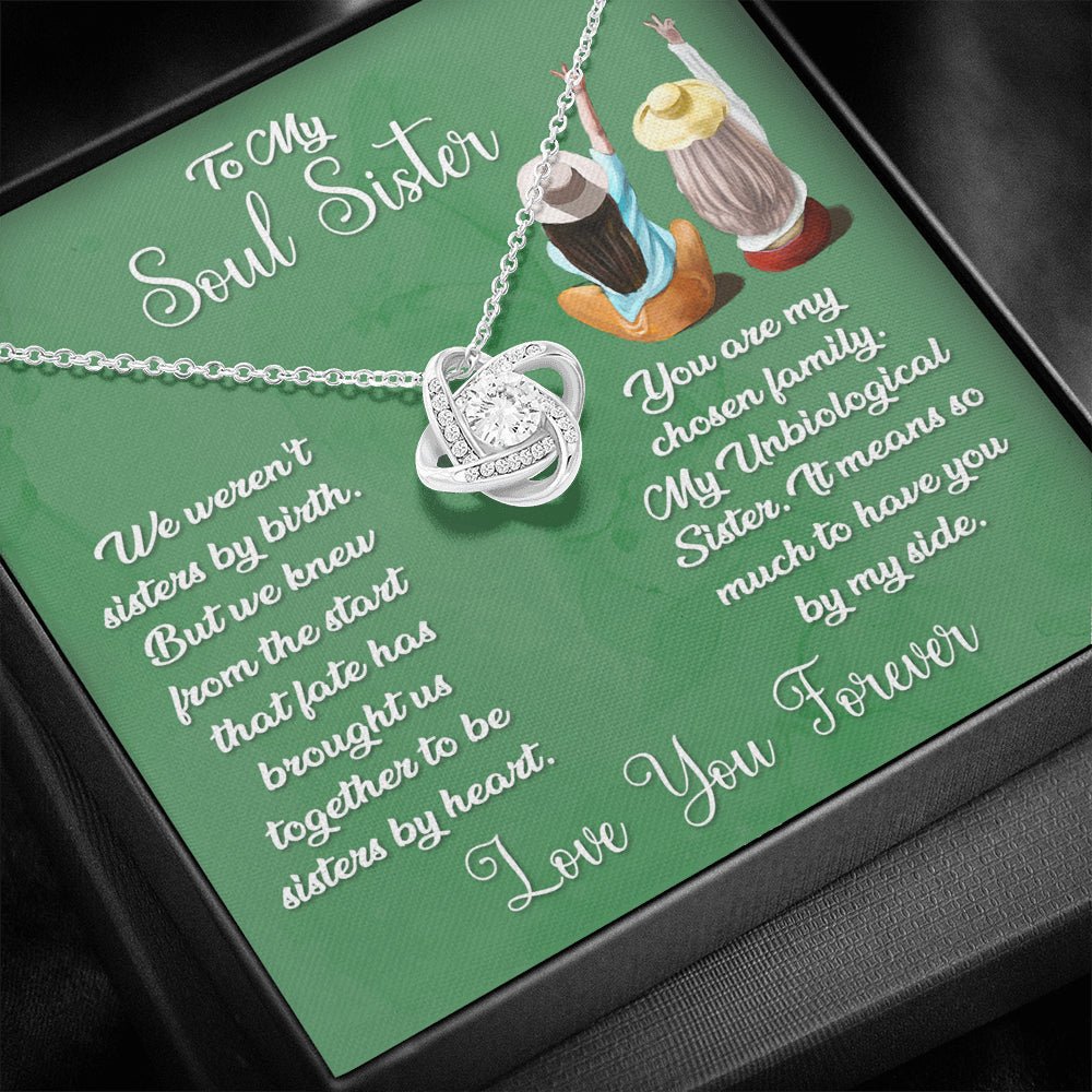 To My Soul Sister Love Knot Necklace, Sage Card, Best Friend Necklace, Blonde & Brunette - keepsaken