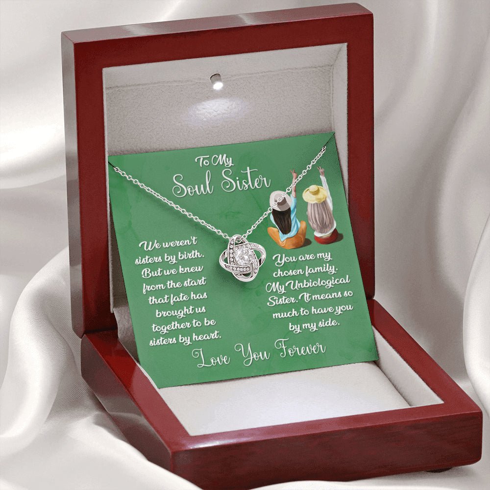 To My Soul Sister Love Knot Necklace, Sage Card, Best Friend Necklace, Blonde & Brunette - keepsaken