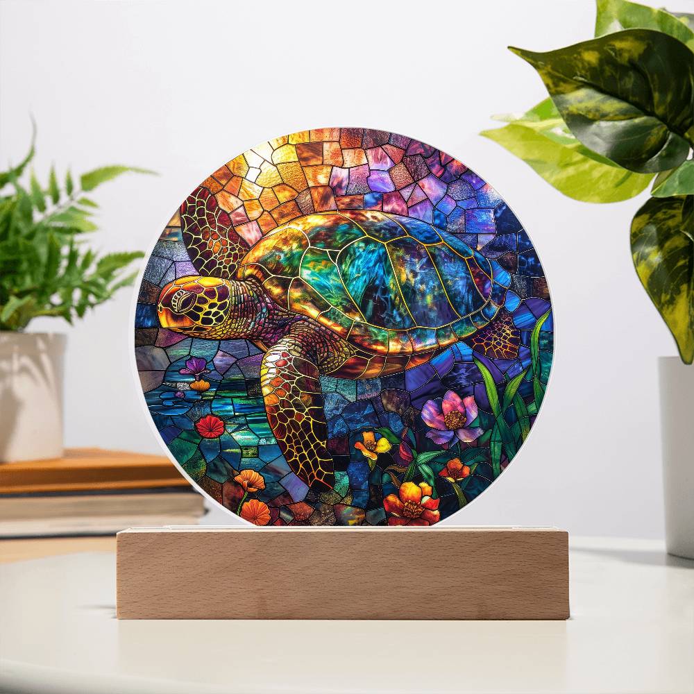 Sea Turtle Colorful Stained Glass Styled Acrylic, Sea Turtle Circle LED Plaque, Gift For Turtle Lovers, Sea Turtle Nightlight, Turtle Gift - keepsaken