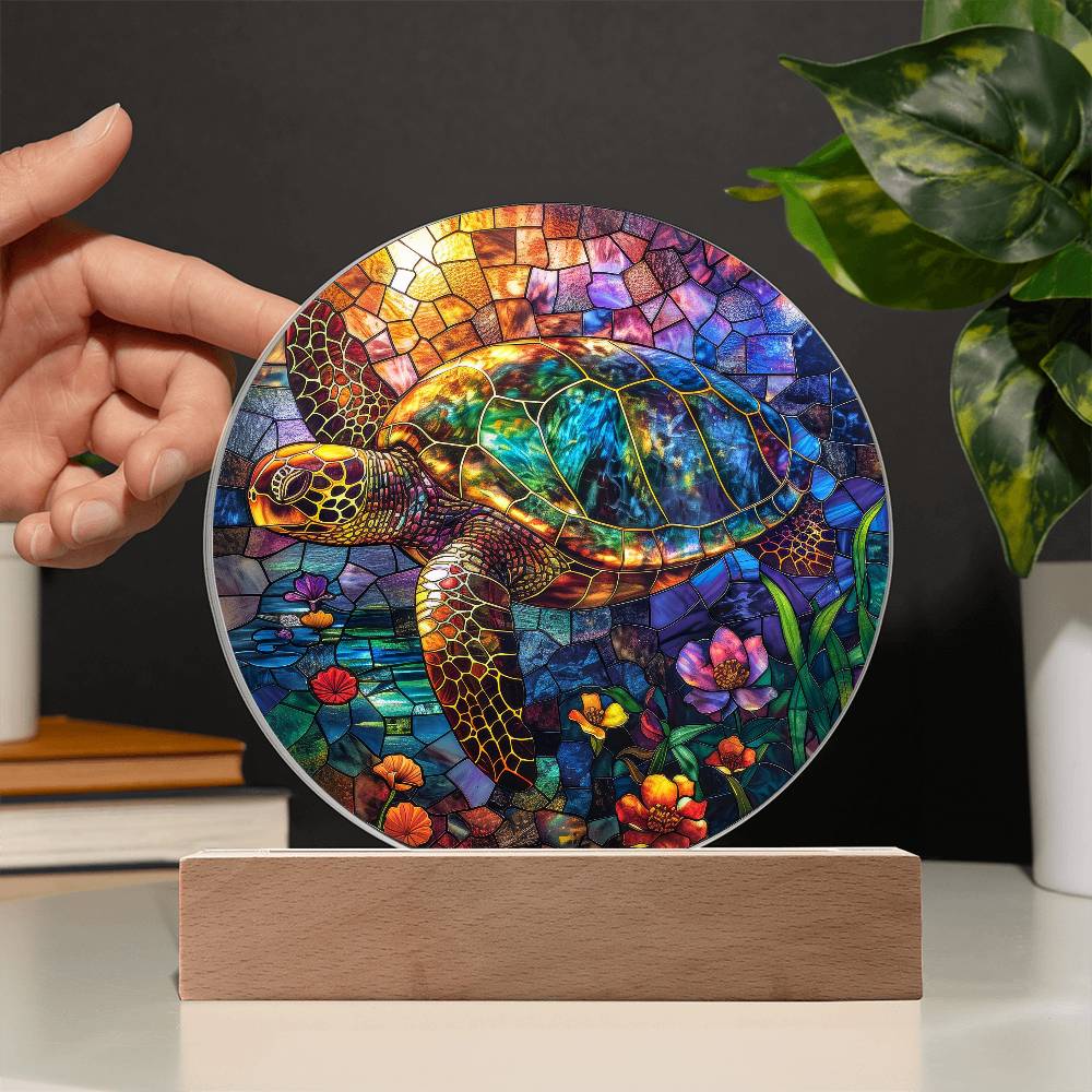 Sea Turtle Colorful Stained Glass Styled Acrylic, Sea Turtle Circle LED Plaque, Gift For Turtle Lovers, Sea Turtle Nightlight, Turtle Gift - keepsaken