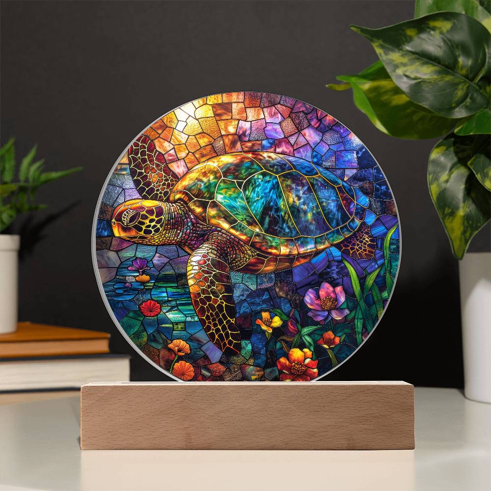 Sea Turtle Colorful Stained Glass Styled Acrylic, Sea Turtle Circle LED Plaque, Gift For Turtle Lovers, Sea Turtle Nightlight, Turtle Gift - keepsaken