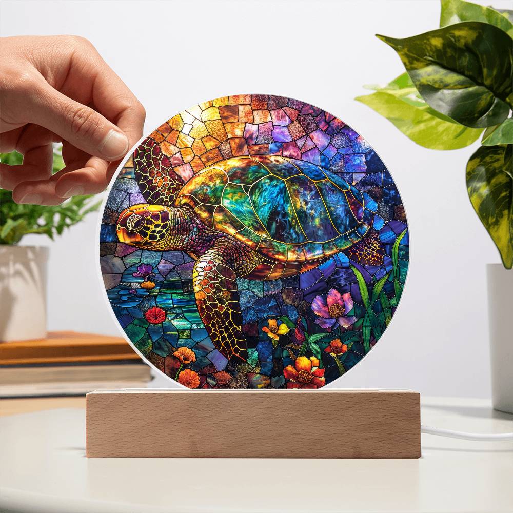 Sea Turtle Colorful Stained Glass Styled Acrylic, Sea Turtle Circle LED Plaque, Gift For Turtle Lovers, Sea Turtle Nightlight, Turtle Gift - keepsaken