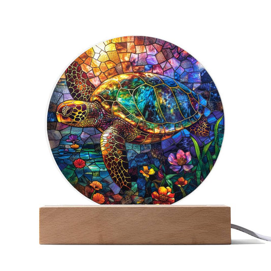 Sea Turtle Colorful Stained Glass Styled Acrylic, Sea Turtle Circle LED Plaque, Gift For Turtle Lovers, Sea Turtle Nightlight, Turtle Gift - keepsaken