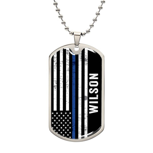 Thin Blue Line Dog Tag Necklace Custom Name - keepsaken