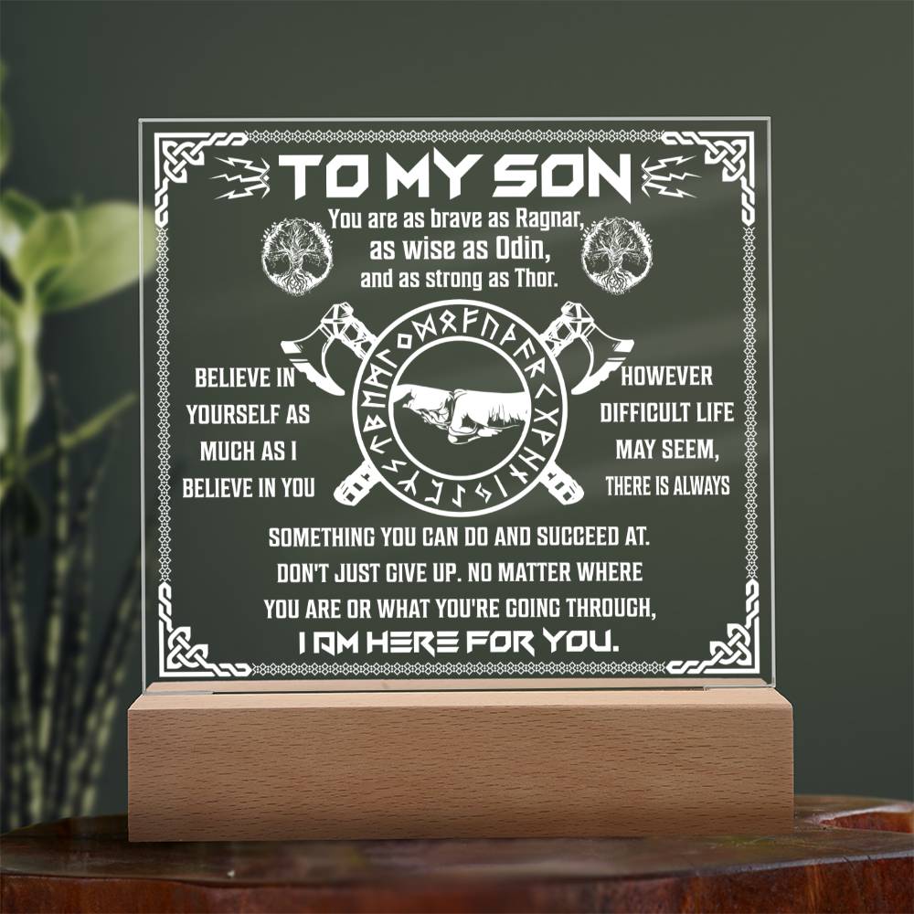 To My Son Viking Never Give Up Square Acrylic Plaque - keepsaken