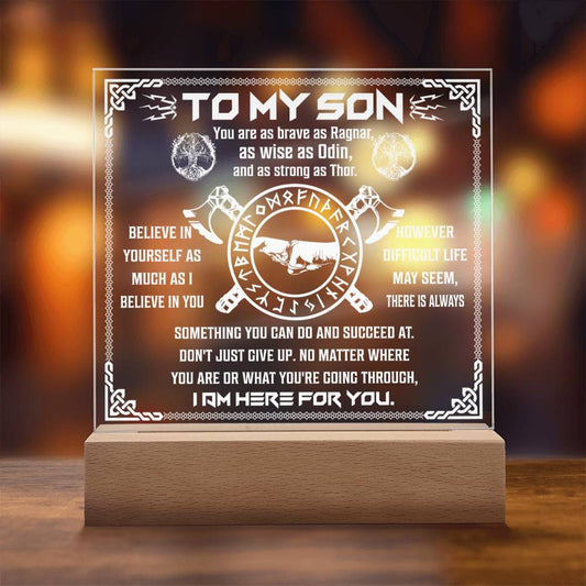 To My Son Viking Never Give Up Square Acrylic Plaque - keepsaken