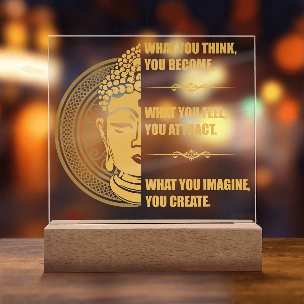 Acrylic Affirmation Sign, Square Acrylic Plaque With Optional LED Wooden Base, Mantra Sign, What You Think You Become, Inspirational Sign - keepsaken